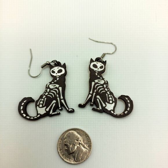 Skeleton Cat Earrings | Lightweight Wooden Dangle Earrings | Spooky Cute | New - Picture 2 of 2